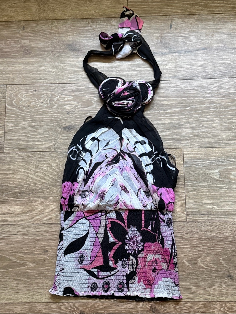 bebe Black Pink White Floral Halter Crop Top